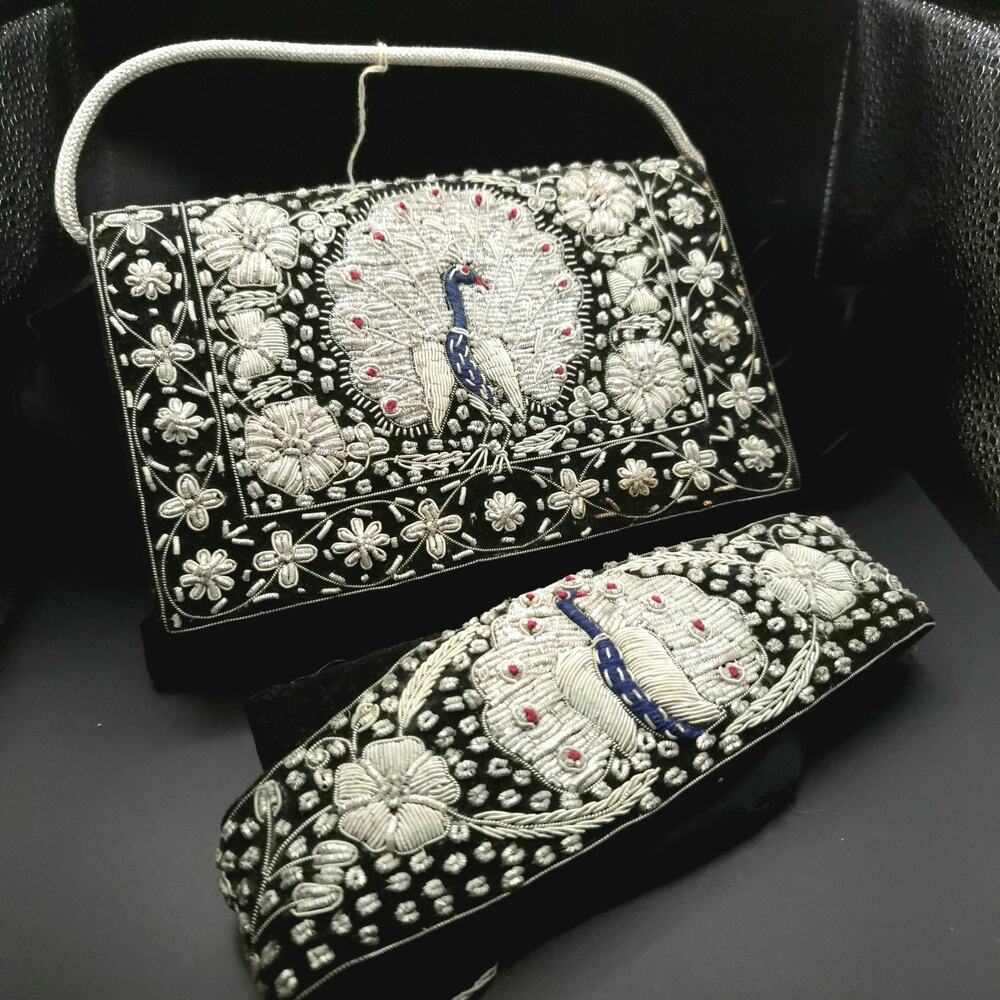 Vintage Zardozi Purse Belt Set made in India Clutch Accessory Embroidery